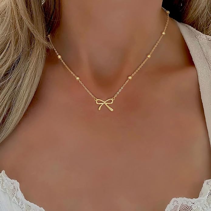 Valentines Day Gifts for Her - Dainty Bow Necklace for Women 14K Gold Plated Cute Choker Small Pendant Charm Necklaces Teen Gift Trendy Stuff Personalized Jewelry