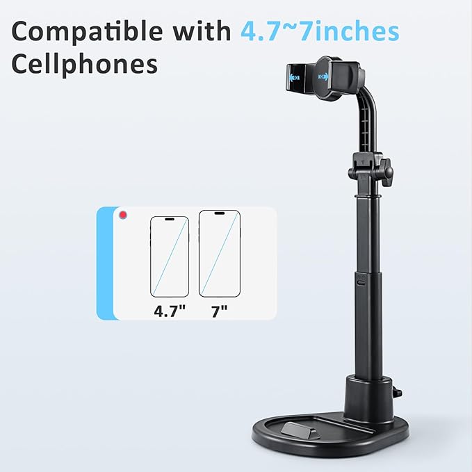 Phone Stand for Desk, Height Adjustable Cell Phone Holder for iPhone, 360 Degree Rotatable Office Phone Stand for Video Recording,Live Streaming,Compatible with All 4.7-7in Smartphones (T13-2)