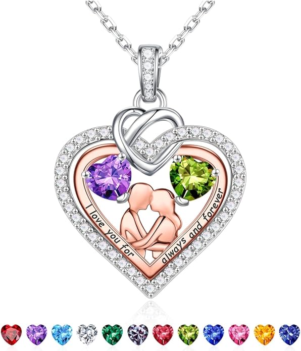 Iefil Valentines Day Gifts for Her - 925 Sterling Silver Double Heart Birthstone Necklace for Women, Anniversary Birthday Gifts for Wife I Love You Gift Couple Sitting Hugging Each Other Jewelry Gift