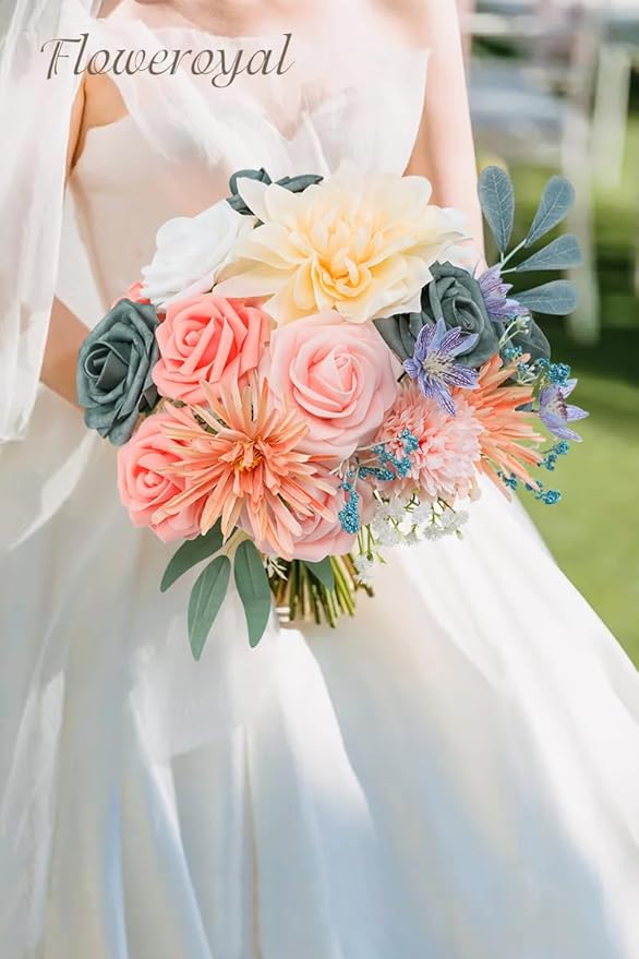 Floweroyal Artificial Flowers Combo Blue Flowers Mix Silk Flowers Dahlia Roses with Stems for DIY Wedding Bridal Bouquets, Baby Shower, Floral Arrangement, Table Centerpieces, Home Decorations.