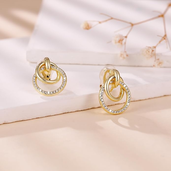 14K Gold Plated Chunky Clip On Earrings for Women 14k Gold Knot Link Clip Earrings Silver Rhinestone Hoop Clip On Earrings Jewelry for Women