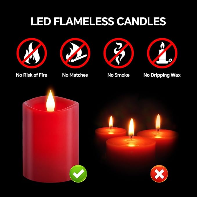 3x4 Flickering Flameless Candles,Real Wax Pillar led Candles Flickering,with Timer,4 inch Flameless Candles with Remote,for Party Wedding Holiday Home Decor,Red