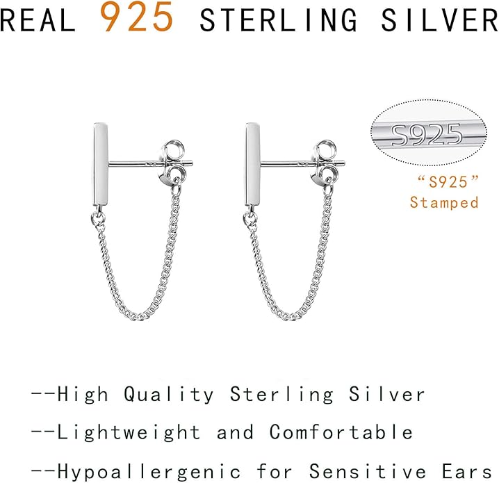 Reffeer Solid 925 Sterling Silver Stud Earrings Minimalist Bar Earrings with Chain Dangle Earrings For Women