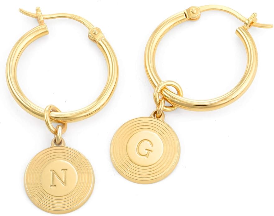 MyNameNecklace Personalized Odeion Initial Round Disc Shape Charm Hoop Earrings in Sterling Silver 925/ Gold Plating- Classic Delicate Jewelry Gift