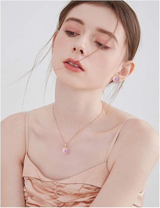 Bridal Crystal Jewelry Set - Sterling Silver Round Cubic Zirconia CZ Rhinestone Halo Birthstone Pendant Necklace Stud Earrings Set for Wedding Bride Bridesmaids Birthday Gift