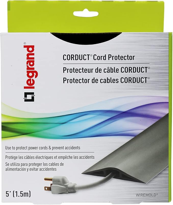 C2G Wiremold Floor Cord Management Kit, Corduct, Cord Protector, Wire Organizer and Hider, Rubber Cable Cover and Concealer, Gray, 5 Feet, CDG-5
