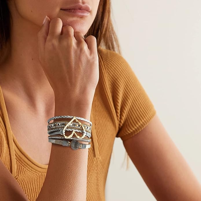Suyi Multilayer Leather Wrap Bracelet Heart-Shape Wide Cuff Bracelets for Women