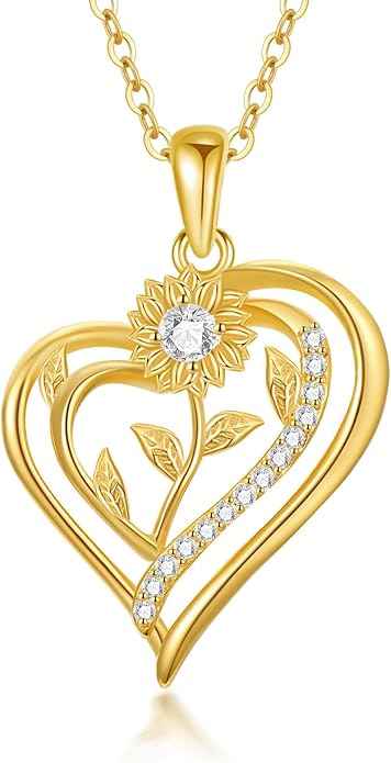 14K Solid Gold Rose Flower/Sunflower Necklaces for Women Flower Heart Pendant Necklace Love Sunshine Jewelry Anniversary Valentine's Day Birthday GiftS for Women Wife Girlfriend Her Mom