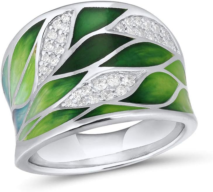 Santuzza 925 Sterling Silver Bamboo Leaves Ring Handmade Enamel Leaf Pattern Ring for Women