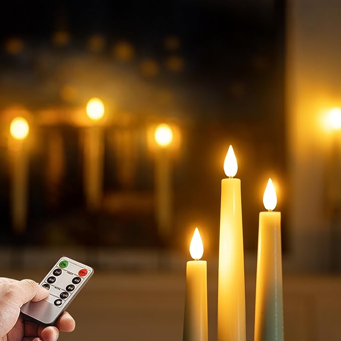 Homemory Waxy Flameless Taper Candles (2 PCs) with Remote, LED Flickering Classic Tall Candles - Ivory, 9.6 inches, Ideal for Home, Wedding, Party