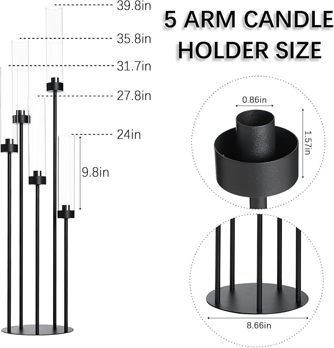 39.8''Matte Black Candle Holder with Acrylic Shades Tall 5 Arm Candelabra Black Table Centerpiece 8PCS for Wedding Living Dining Room Fireplace Decoration Fit 0.98''LED Taper Candle