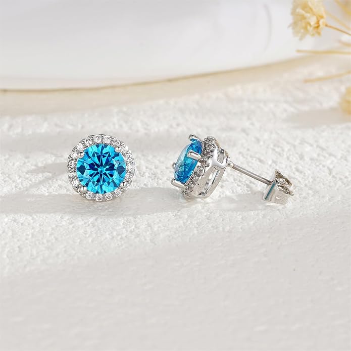 YOMELA Cubic Zirconia Earrings Studs, Halo CZ Birthstone Simulated Diamond Stud Earrings for Women