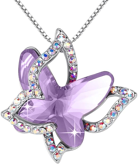 Valentine's Day Gift Butterfly Birthstone Crystal Necklace, Silver Tone with 18”+2” Chain, Necklace for Mother’s Day Anniversary Birthday Gifts for Women and Daughter