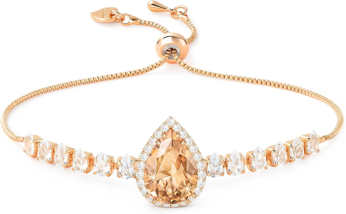 Linawe Crystal Imitation Diamond Rhinestone Charm Bracelets for Women, Gold/Silver/Rose Gold Adjustable Chain Bracelet, Teardrop Birthstone Cubic Zirconia Prom Costume Wedding Jewelry