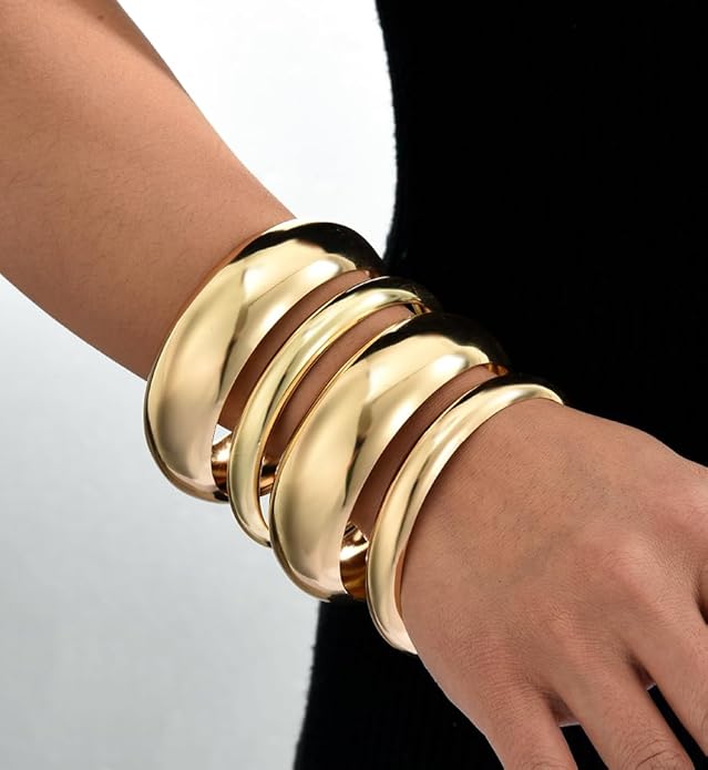 Chunky Gold Bangle Bracelets for Women, Dainty 14k Gold Plated Big Stackable Bangles Set, Trendy Statement Cuff Bracelet Stack Fashion Jewelry Christmas Gifts