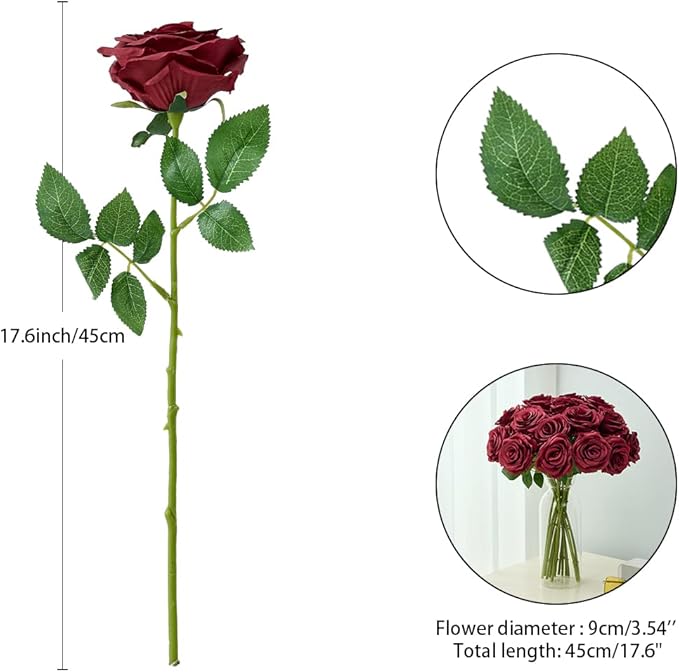15pcs Artificial Rose Flowers Long Stem Burgundy Fake Silk Roses for DIY Wedding Bouquet Table Centerpiece Home Decor (VASE is NOT Included)