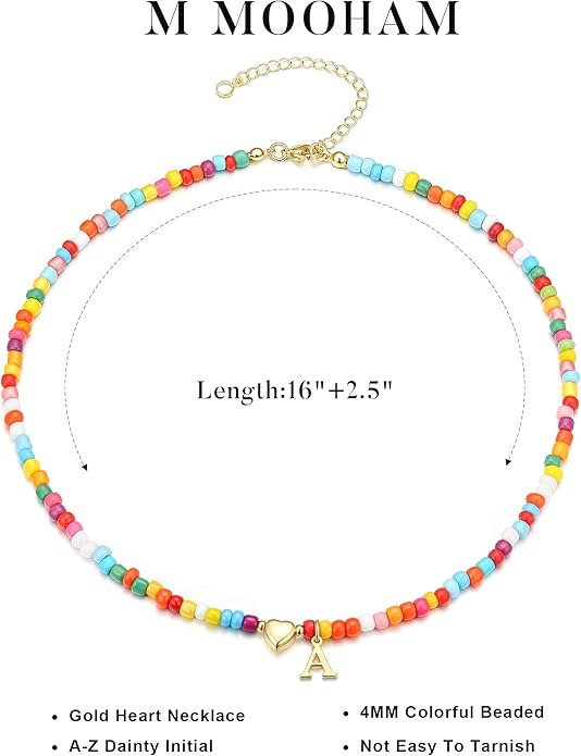 M MOOHAM Valentines Gifts for Kids Teen Girls- Colorful Beaded Initial Necklace for Women 14K Gold Plated Heart Initial Choker Necklaces for Women Girls Jewelry, Letter A-Z Pendant Birthday Gifts