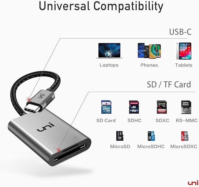 uni USB C SD Card Reader, Sturdy Micro SD Card Adapter (Durable Nylon, No Block), High-Speed USB Type C Camera Memory Card Reader OTG Compatible with Android Galaxy S24, USB-C Tablet, MacBook Pro/Air