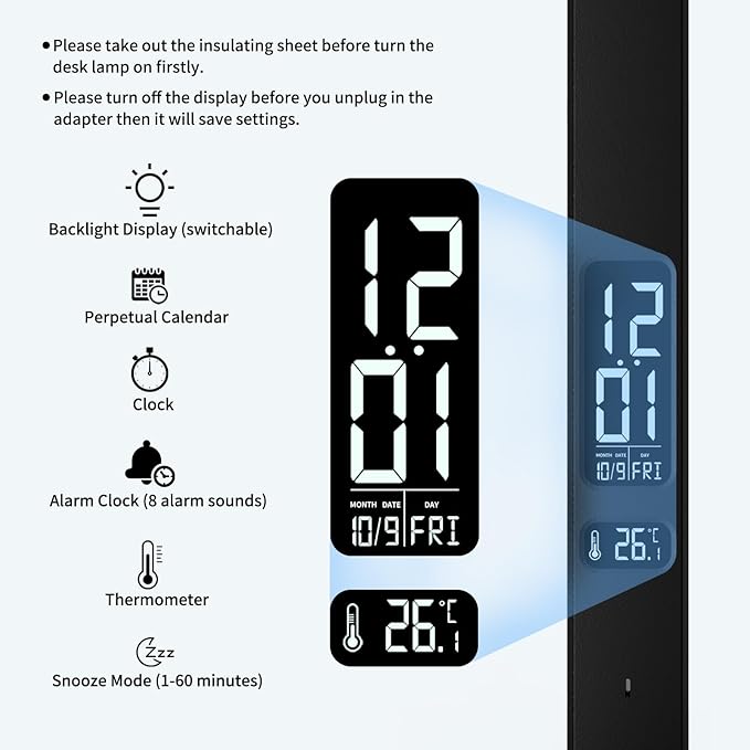 LED Desk Lamp with Charger, USB Charging Port, Dual Swing Arm Desk Light with 5 Brightness, 3 Colors, Table Lamp with Clock, Alarm, Date, Temperature, Desk Lamp for Home Office Study (Black)