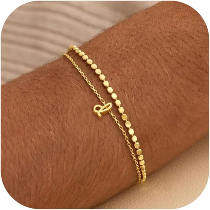 Initial Bracelets for Women, Dainty 14K Gold Plated Layered Letter Bracelet, Trendy Charm Stackable Jewelry Valentines Day Gift for Her