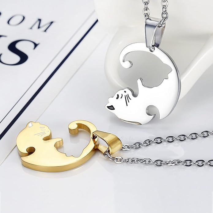 Couple Heart Or Cat BFF Best Friend for Girls Puzzle Friendship Pendant Necklaces,316L Stainless Steel
