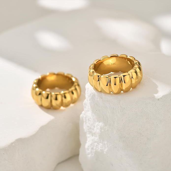 NOKMIT 14K Gold Filled Chunky Statement Rings for Women Cute Puffy Dome Croissant Thumb Band Non Tarnish Comfort Fit Size 5-10