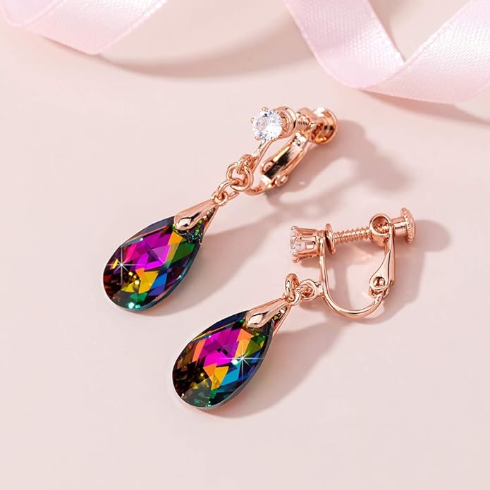 Teardrop Austrian Crystal Drop Clip On Dangle Earrings for Women Non Pierced 14K Rose Gold Plated Hypoallergenic Jewelry