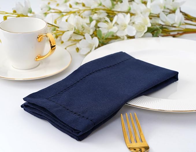 Blue Needles Navy Blue Hemstitch Linen Napkins Set of 12-100% Cotton Cloth Dinner Napkins 18x18 inches, Soft, Reusable, Absorbent, Washable Ideal for Fall Thanksgiving Events, Parties & Everyday Use