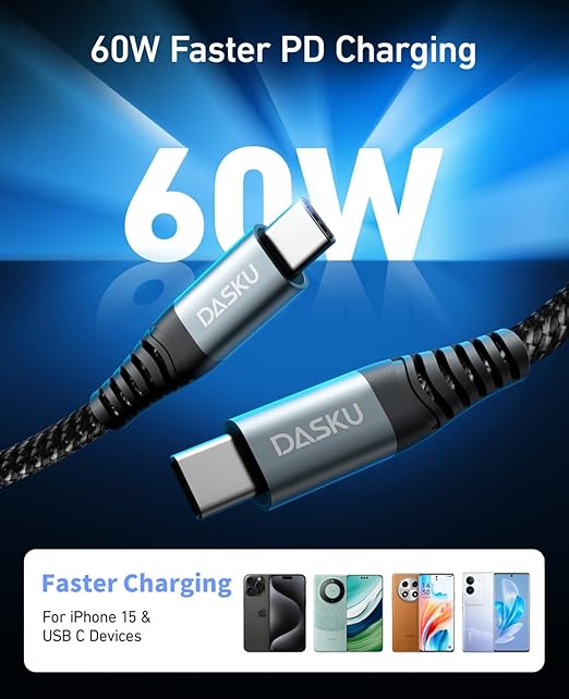 USB C to USB C Cable, 2Pack 10FT 60W(3.1A) Nylon Braided Charger Cable for for iPhone 16/16e/16 Plus/16 Pro Max/15/15 Plus/15 Pro Max, iPad Pro Air,Samsung S24/S24 Ultra/S23 USBC Charger