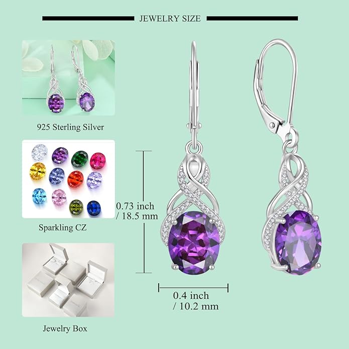 STARCHENIE 925 Sterling Silver Infinity Necklace Earrings for Women Amethyst Drop Dangle Earrings Oval Cut Birthstone Pendant Jewelry Set Gift