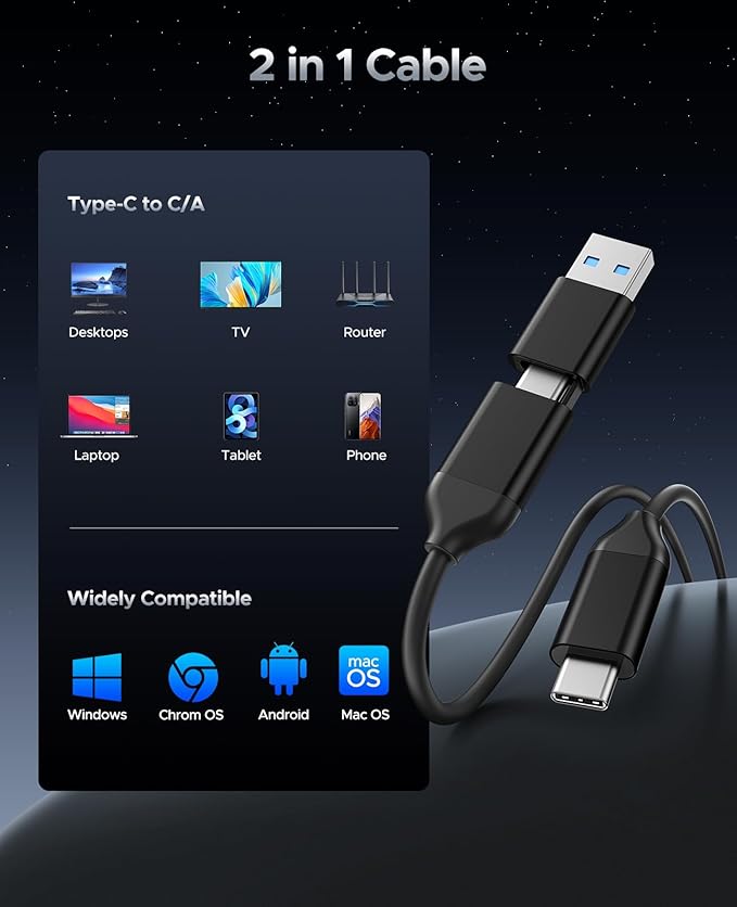 ORICO 4TB Portable SSD, Up to 460MB/s Speed External Solid State Drive, Hanging Hook Design, Plug & Play, USB-C & A 2-in-1 Cable, Portable Storage for Type-C Smartphones, Tablets, Laptops - C5C5