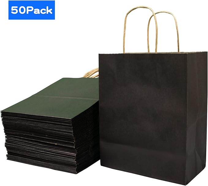 FACEBAG 50 PCS Black Paper Bags with Handles Bulk, 8x4.25x10.5 Inches,Medium-sized Gift Bags for Party Favors，Take-Out，Grocery Shopping & Retail,Christmas,weddings,Reusable & Durable