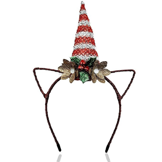 Glittering Christmas Unicorn Headband with Red White Sequined Horn, Hollow-Out Ears, Green Leaves, Red Bells & Gold Flowers - Christmas Cosplay Hairband Festive Party Hair Accessories for Women