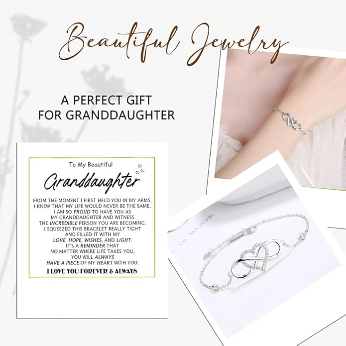 To My Granddaughter - Infinity Heart Bracelet Gift with Meaningful Card, Granddaughter Gifts from Grandma & Grandpa, Elegant Silver Jewelry for Birthday, Graduation, Christmas.