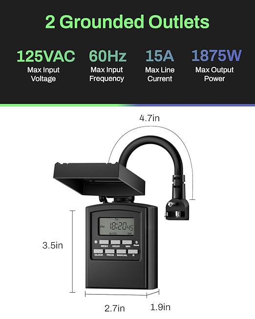 BN-LINK 7 Day Outdoor Heavy Duty Digital Programmable Timer, Outdoor Timer Outlet Waterproof, 2 Grounded Electrical Outlets for Christmas Lights, 15A 1/2HP,ETL Listed