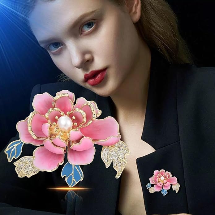 3Pcs Peony Flower Brooch Pin for Women Elegant Enamel Floral Brooch Set Dainty Cubic Zircon Pearl Lapel Pins Flower Pins for Clothes Hat Dress Accessories Prom Jewelry