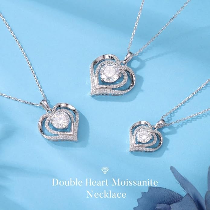 MOOSEA Valentines Day Gifts for Her - 925 Sterling Silver Double Heart Moissanite Necklace, 1-3 Carat VVS1 Clarity Lab Created Moissanite Anniversary Birthday Gift for Women Wife Girlfriend Mom
