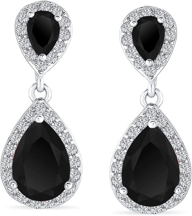 Vintage Style Bridal Cubic Zirconia Simulated Gemstone AAA CZ Halo Dangle Teardrop Chandelier Clip On Earrings For Women Silver Rose Gold Plated in Black Purple Blue Red Rose Pink Green Clear