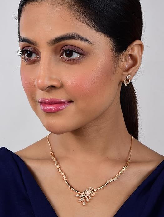 Nilu's Collection American Diamond Stone Studded | Rose Gold/Silver Plated | Anti Tarnish Jewellery Set for Women | Matching Earrings Perfect for Weddings and Special Occasions
