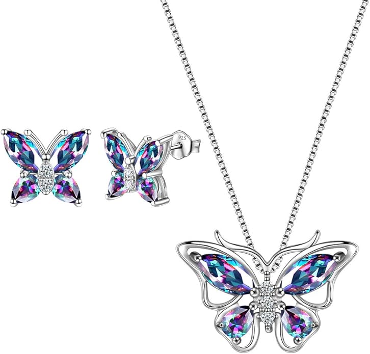 Aurora Tears Butterfly Jewelry,Women 925 Sterling Silver Butterflies Birthstone Pendant Necklace/Earrings/Rings Wedding Gift