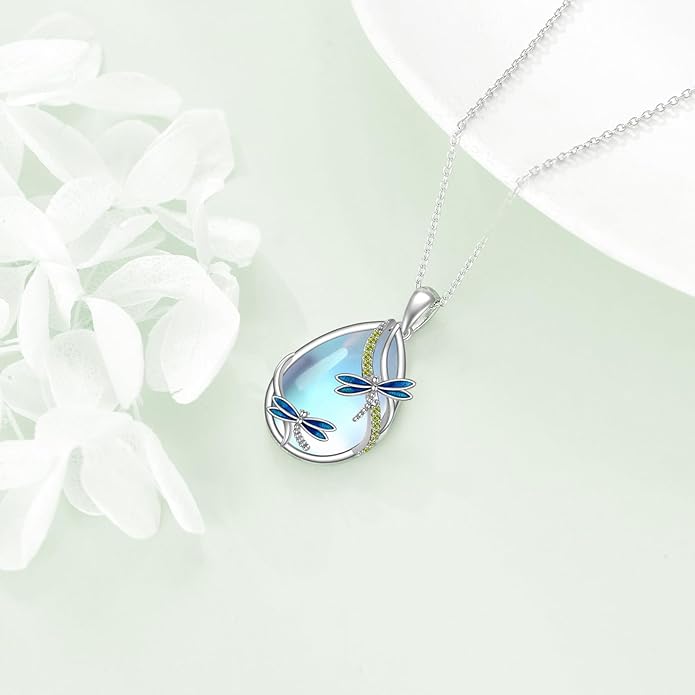 KQF Dragonfly/Butterlfy/Cat/Jellyfish/Bunny/Axolotl/Bee/Mermaid/Hummingbird/Elephant Necklace for Women Sterling Silver Moonstone Pendant Necklace Dragonfly Jewelry Gifts for Women