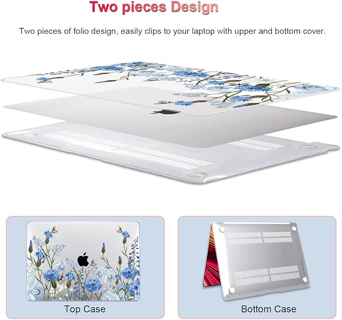 for MacBook Pro 13 Inch Case 2022 M2 2020 2021 A2338 M1 A2251 A2289 with Touch Bar & Touch ID, Plastic Hard Case Keyboard Cover Screen Protector Webcam Cover Brush, Tropical Blue Flowers