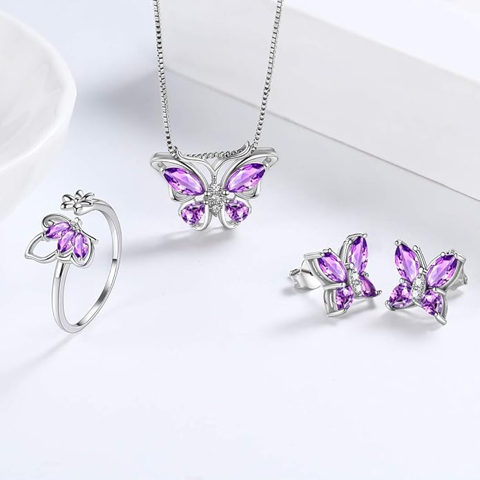 Aurora Tears Butterfly Jewelry,Women 925 Sterling Silver Butterflies Birthstone Pendant Necklace/Earrings/Rings Wedding Gift