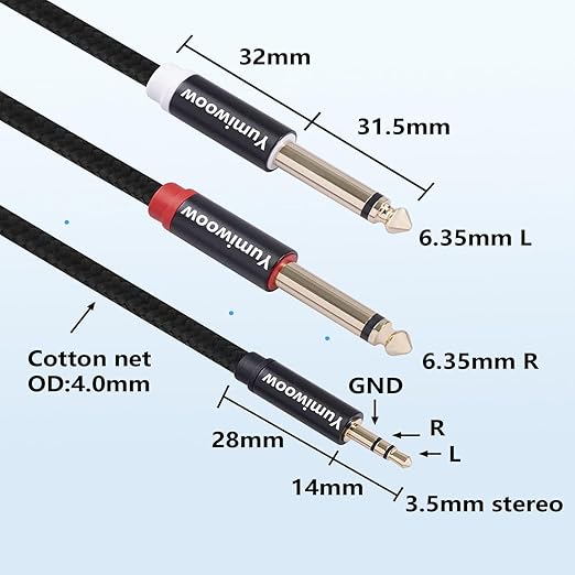 3.5mm to Dual 1/4 Adapter 1/8 to 6.35mm TS Mono Audio Cable Stereo Breakout Cord Y Splitter Compatible with iPhone, iPod, Computer Sound Card, Headphone, Speaker, Home Stereo System (6.6FT/Pack)