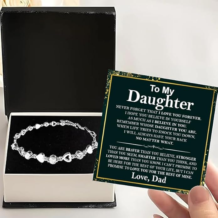 To My Daughter Bracelet, Silver Heart Chain Bracelet with Shiny Stones, Perfect Birthday or Graduation Christmas Gift for Daughter with Message Card Gift Box