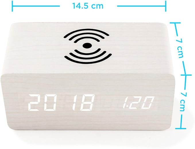 OCT17 Alarm Clock with Qi Wireless Charging Pad Compatible with iPhone Samsung Wood LED Digital Clock Sound Control Function, Time Date, Temperature Display for Bedroom Office Home - White