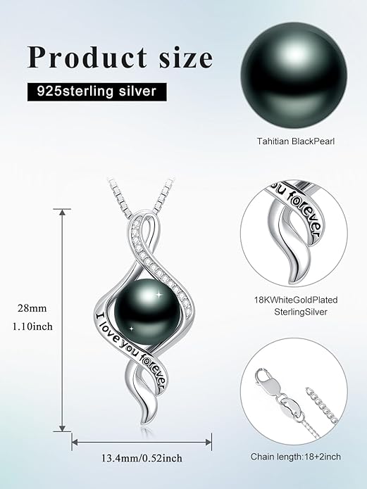Tahitian Black Pearl 18K White Gold Plated Sterling Silver Heart/Infinity/Four Leaf Clover Pendant Necklace Jewelry Gifts for Women Wife Mom Girlfriend Wedding Birthday Anniversary Christmas