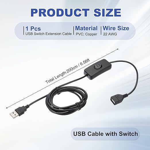 MECCANIXITY USB Extension Cable with ON/Off Toggle Switch 2m USB Male to Female Extension Cord for Desk Lamp Fan LED Light Strip Black Pack of 1