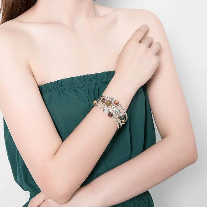 BULINLIN Layered Wrap Bangle Turquoise Bracelet - Bead Bracelet with Natural Agate Stone, Gifts For Women