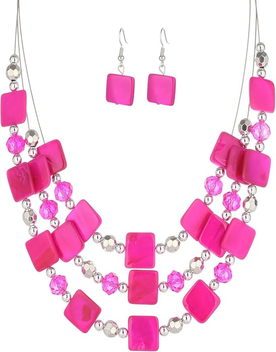 Layered Beaded Statement Necklaces for Women Square Shell Bead Collar Necklace and Earring Set Birthday Gifts Boho Jewelry Sets for Women